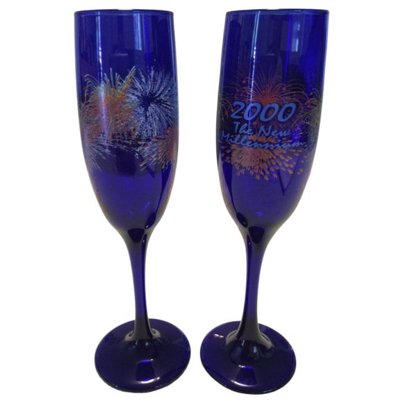 Libbey Dining Cobalt Blue Commemorative Millennium Champagne Flutes